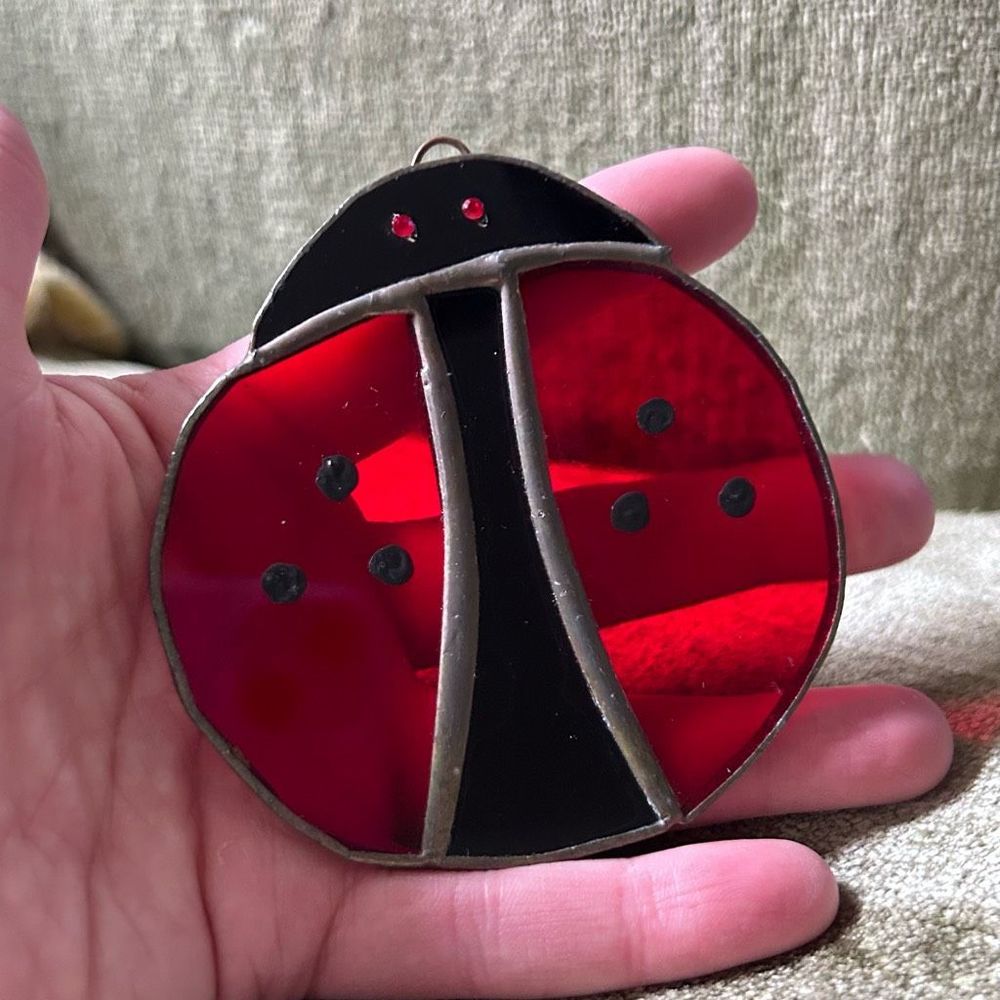 SunCatcher Ladybug Vintage Handmade Stained Glass Red Black 3.25” x 3.5”